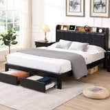 King Size Bed Frame with Headboard, Upholstered Platform Bed Frame with Charging Station & 2 Storage Drawers, Sturdy Wooden Slats Support, No Box Spring Needed, Easy Assembly, Noise Free, Black XKLOGER