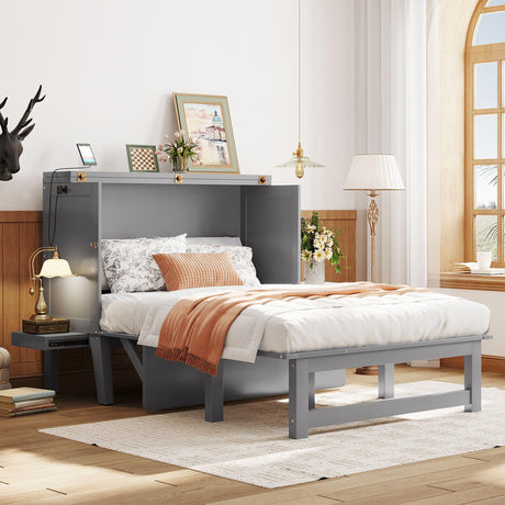 Harper & Bright Designs Full Size Murphy Bed with USB Port, Wooden Full Bed Frame with 2 Removable Desk, Foldable Cube Cabinet Full Platform Bed, Modern Murphy Bed for Guest Room Home Office, Gray Harper & Bright Designs