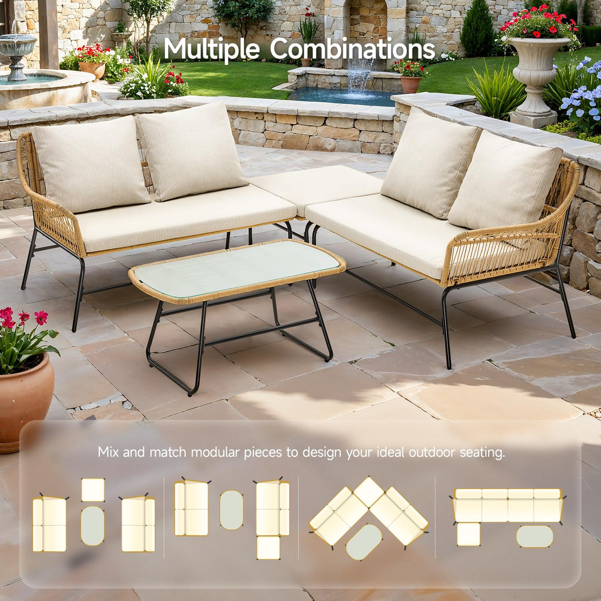 ONBRILL 4-Piece Outdoor Sectional Set, 4-Seats Wicker Patio Couch Sets with Cushion and Tempered Glass Coffee Table, L-Shaped, Olefin Fabric, Waterproof & UV Resistant, Beige ONBRILL
