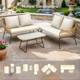 ONBRILL 4-Piece Outdoor Sectional Set, 4-Seats Wicker Patio Couch Sets with Cushion and Tempered Glass Coffee Table, L-Shaped, Olefin Fabric, Waterproof & UV Resistant, Beige ONBRILL