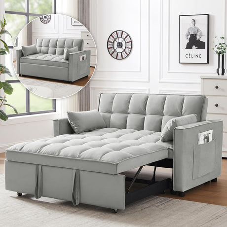 Wakefit 3 in 1 Convertible Sleeper Sofa Bed, Futon Couches for Living Room with Side Pocket | Adjustable Backrest | Velvet Fabric | Pull Out Couch | Small Loveseat | Sectional Sofa Bed(Grey) Wakefit