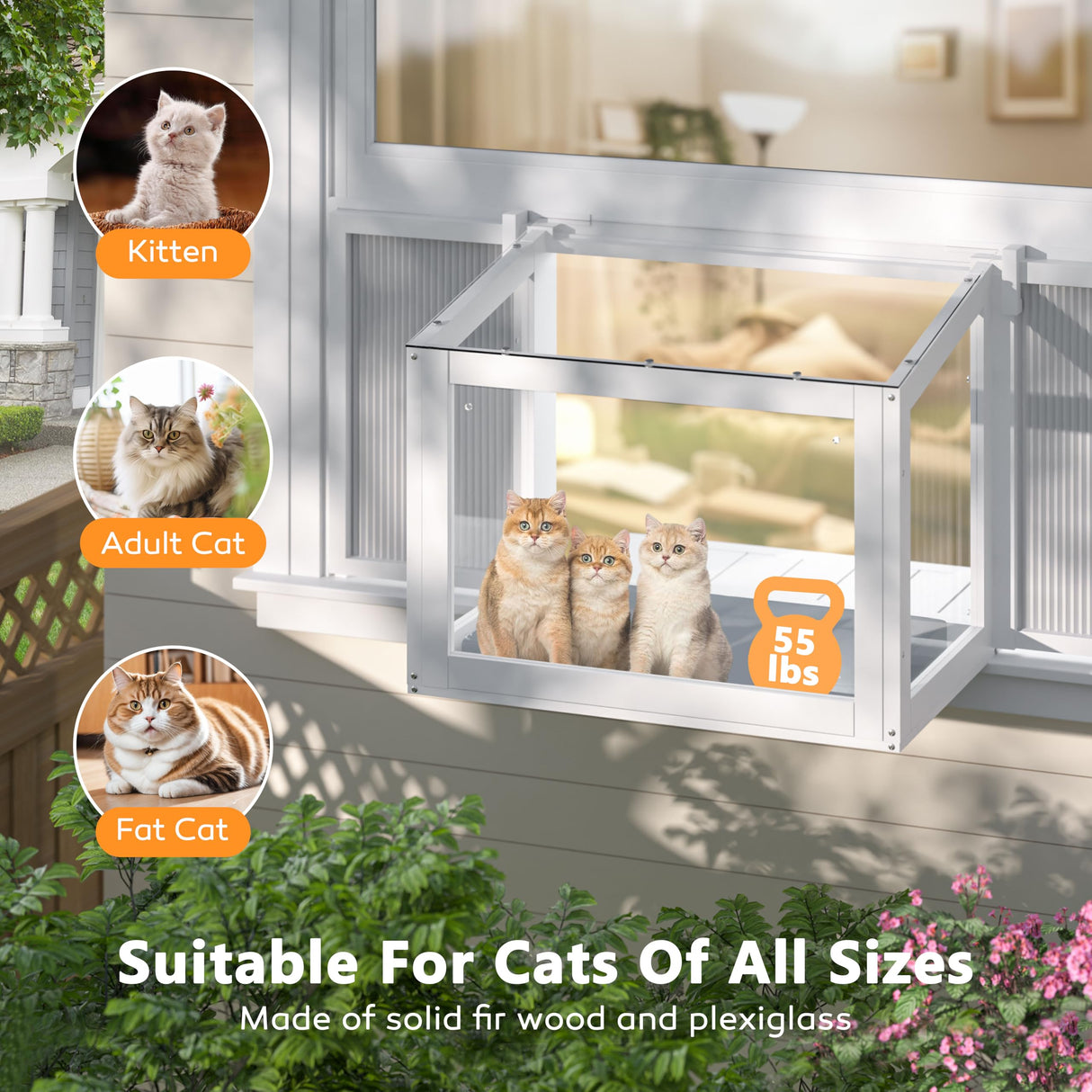 Yardenaler Cat Window Box, Adjustable Window Cat Perch Catio, Wooden Window Catio for Indoor Cats, Fits Vertical Window Frames 26" to 42" Wide, Sunbathing, Napping, Overlooking, White Yardenaler