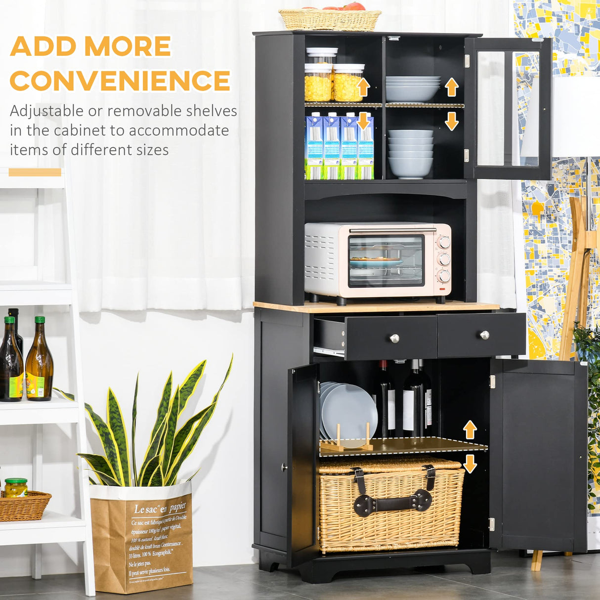 HOMCOM Freestanding 67" Kitchen Buffet with Hutch, Pantry Cabinet with Microwave Stand, Adjustable Shelf, 2 Drawers, Cupboard, Black HOMCOM