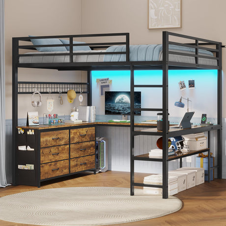 ADORNEVE Loft Bed Full Size with U-Shaped Desk, 6 Storage Drawers, Power Outlet, LED Metal Loft Bed with 2 Storage Shelves, Bed with Safety Guardrail & Ladders, No Box Spring Needed, Rustic Brown ADORNEVE
