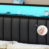 Furnulem Queen Size Bed Frame with Charging Station and LED Lights, Platform Bed with Metal Slats, Grey Upholstered Headboard with 2-Tier Storage Shelves, No Box Spring Needed Furnulem