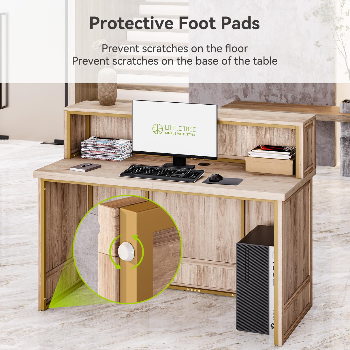 LITTLE TREE 57-Inch Reception Counter, Boho Style Front Desk, Modern Checkout Counter, Reception Desk for Retail, Lobby, Salon, Office, Oak LITTLE TREE