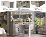 AMERLIFE 55.1" W Makeup Vanity with Hollywood Mirror, Glass Top Vanity with 5 Drawers & Adjustable Cabinet & Charging Station, 10 Detachable Light Bulbs, Bedroom/Salons, Light Oak AMERLIFE