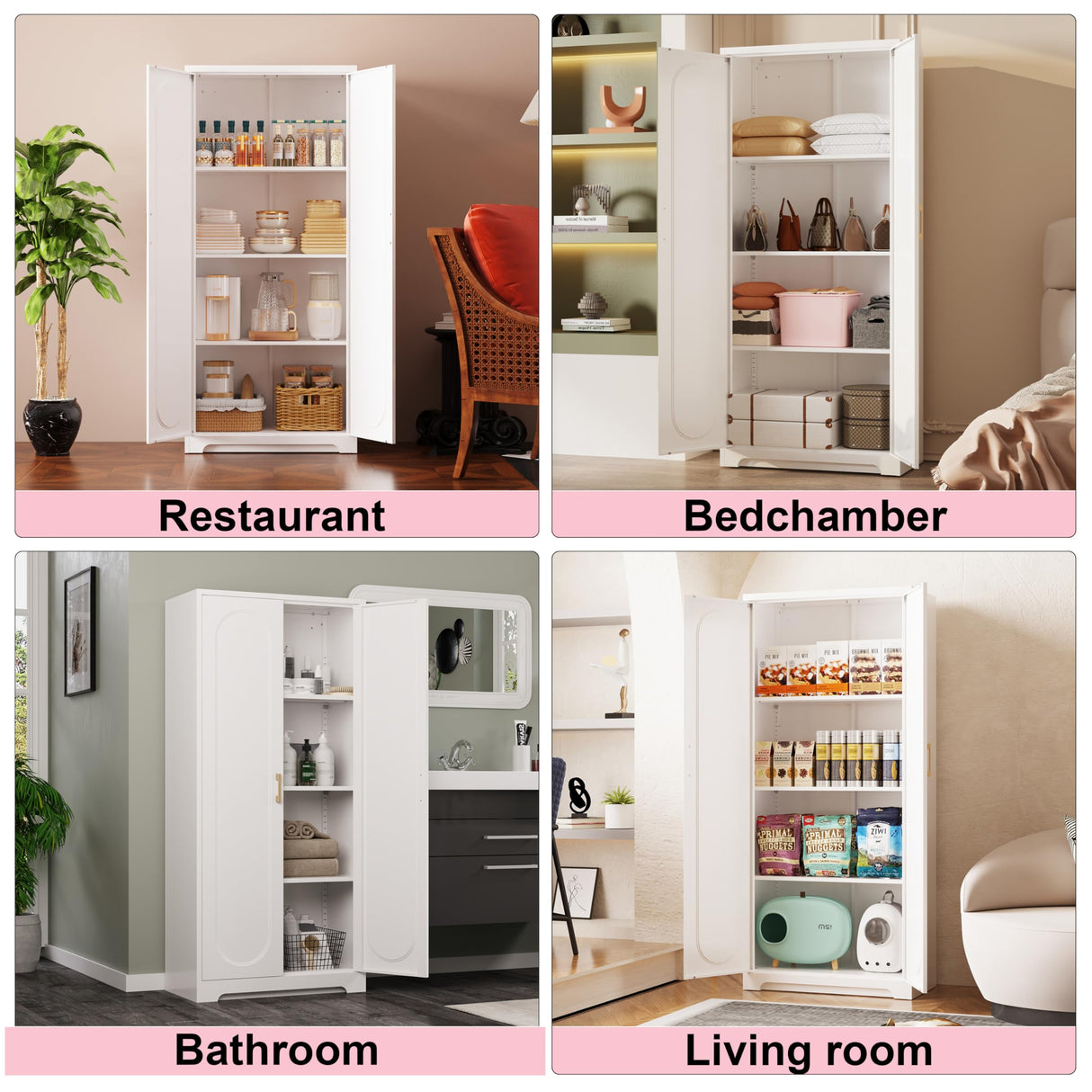 UNICOLY 60" Metal Pantry Cabinet, Storage Cabinet with Doors and Shelves, Cupboard with Adjustable Leveling Foot, for Laundry, Living Room, Bathroom, Dinning Room, Assembly Required, White UNICOLY