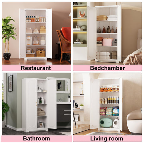 UNICOLY 60" Metal Pantry Cabinet, Storage Cabinet with Doors and Shelves, Cupboard with Adjustable Leveling Foot, for Laundry, Living Room, Bathroom, Dinning Room, Assembly Required, White UNICOLY