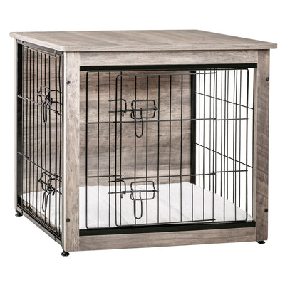 DWANTON Dog Crate Furniture with Cushion, Wooden Dog Crate with Double Doors, Dog Furniture, Dog Kennel Indoor for Small/Medium/Large Dog，End Table, Small, 27.2" L, Greige