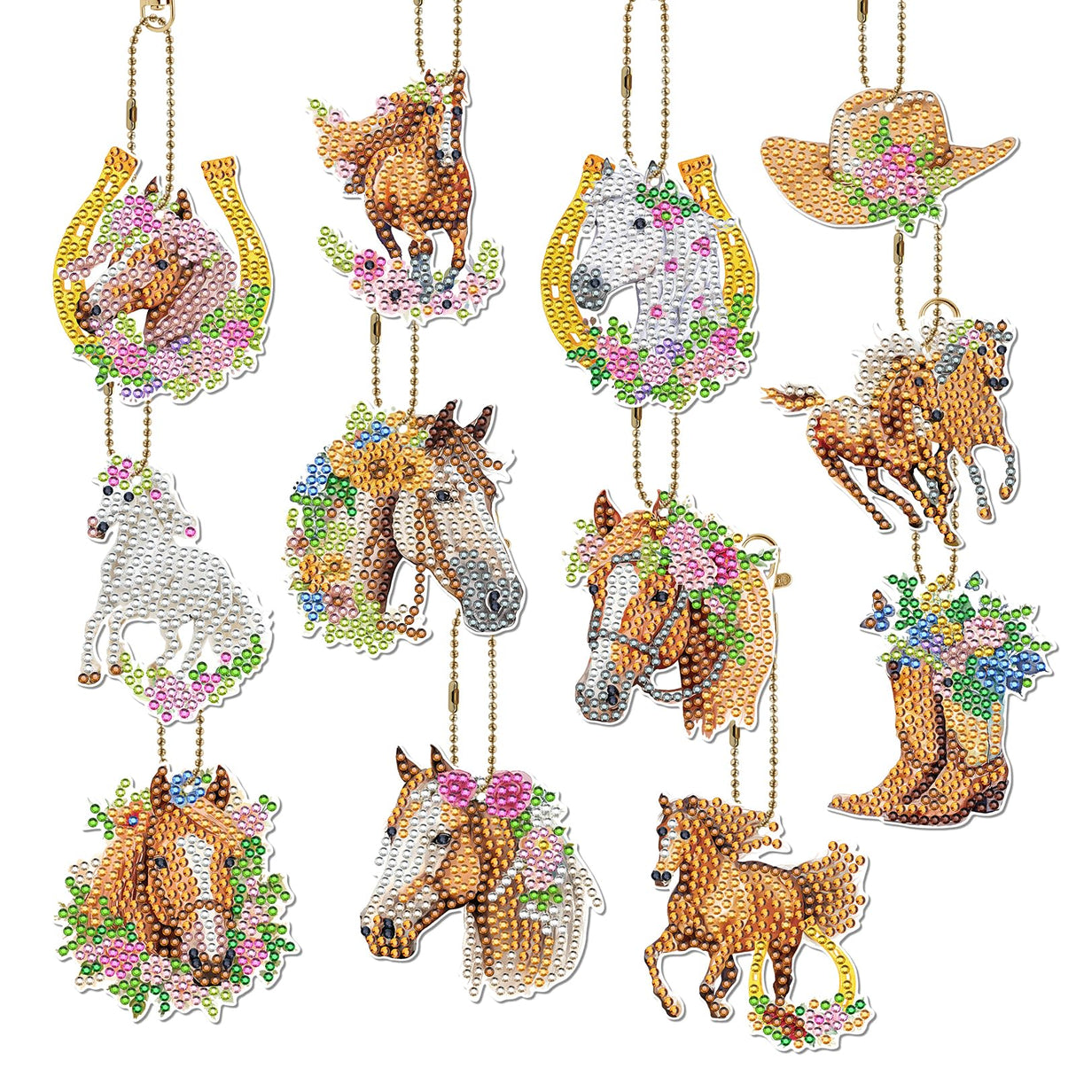 Keluna Diamond Art Horse Keychains - 12 Pcs Diamond Painting Keychains Kits, Western Cowboy Watercolor Flower Horse, DIY Key Chain Crafts Art Kits for Adult Keluna