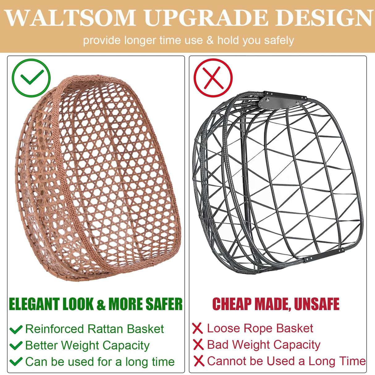Double Swing Egg Chair with Stand, Hexagon Rattan Wicker Swing Chair Outdoor, Large 2 Person Patio Hanging Chair with Foldable Loveseat Removable Cushions (Beige) WALTSOM