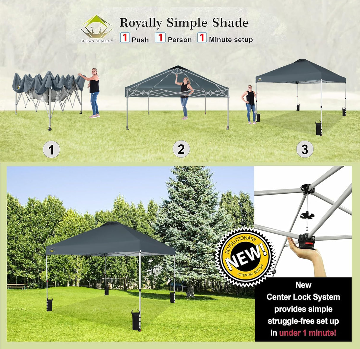CROWN SHADES 10x10 Pop Up Canopy - Beach Tent with One Push Setup - Easy Outdoor Sun Shade Shelter for Events, Parties - Gazebo with STO-N-Go Cover Bag, Silver Coated Top, Grid Grey CROWN SHADES