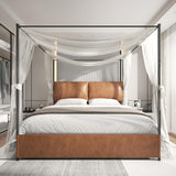 PAUKIN Canopy Bed Frame King Size with Upholstered Headboard, Sturdy and Stable, Easy to Assemble, Metal Bar Support, no Spring Mattress Required. (Brown, King) PAUKIN