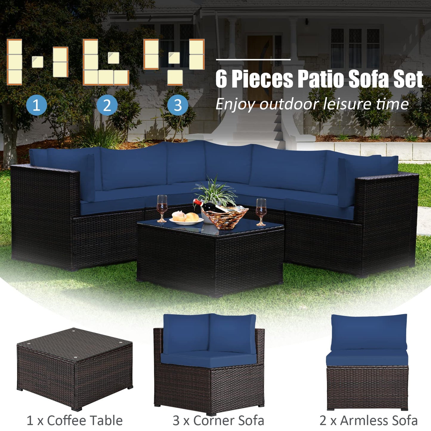 Tangkula 6 Pieces Patio Furniture Set, Outdoor Rattan Sofa Set, Wicker Conversation Set w/Tempered Glass Coffee Table & Cushions, Sectional Sofa Set for Backyard, Garden, Balcony, Poolside - WoodArtSupply