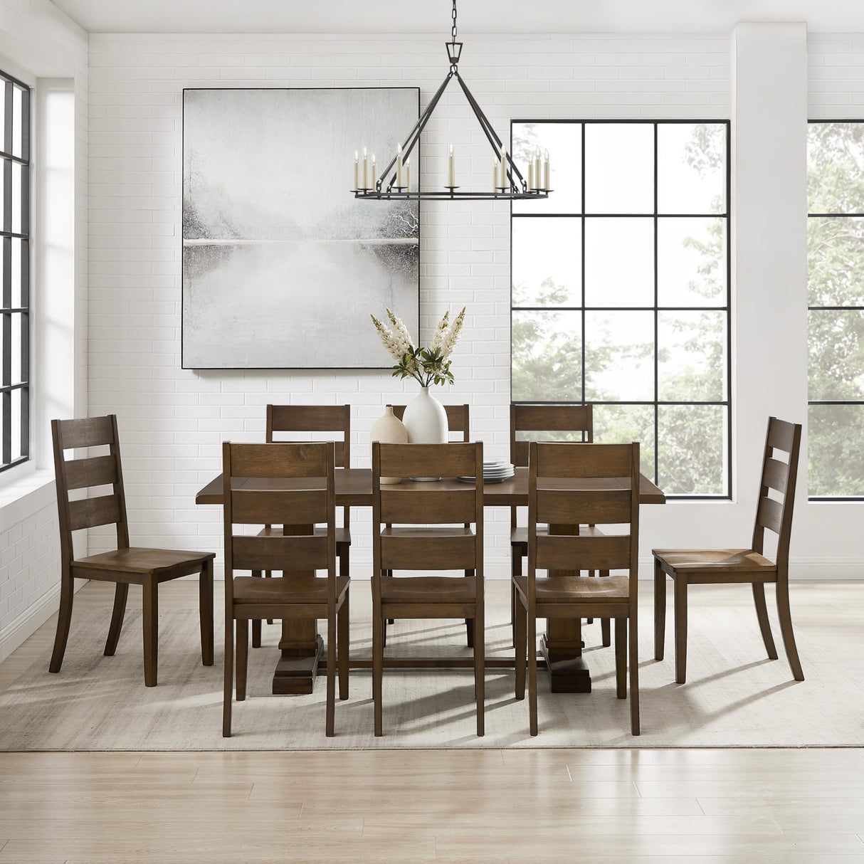 Crosley Furniture Joanna 9-Piece Modern Farmhouse Dining Table Set for 8 with Ladderback Chairs, Dark Oak Crosley Furniture