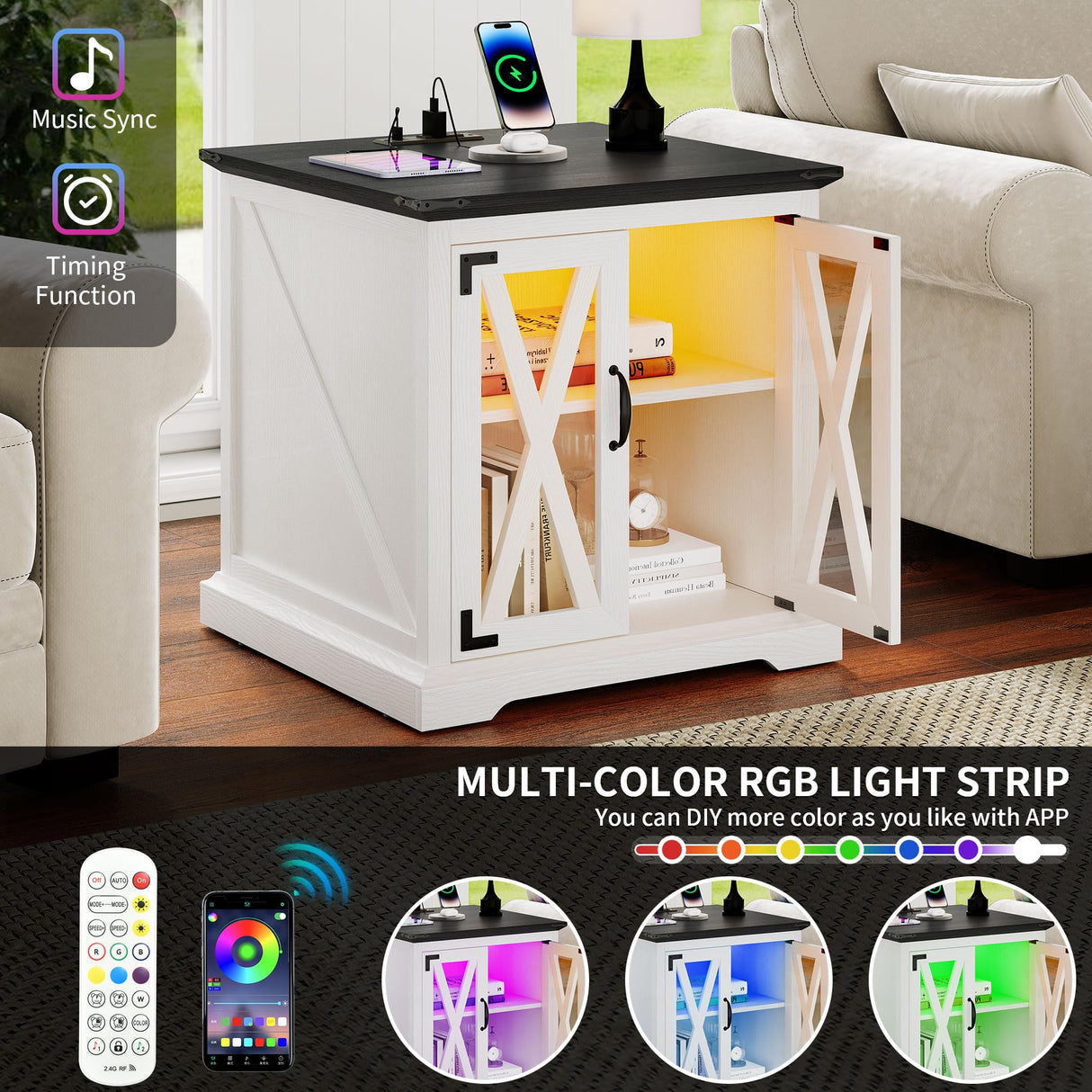 YITAHOME 3-Piece Farmhouse Living Room Table Sets, Coffee Table and 2Pcs End Side Table, Wood Center Table with Large Hidden Storage，Sofa Side Table with Charging Station and LED Lights, White YITAHOME