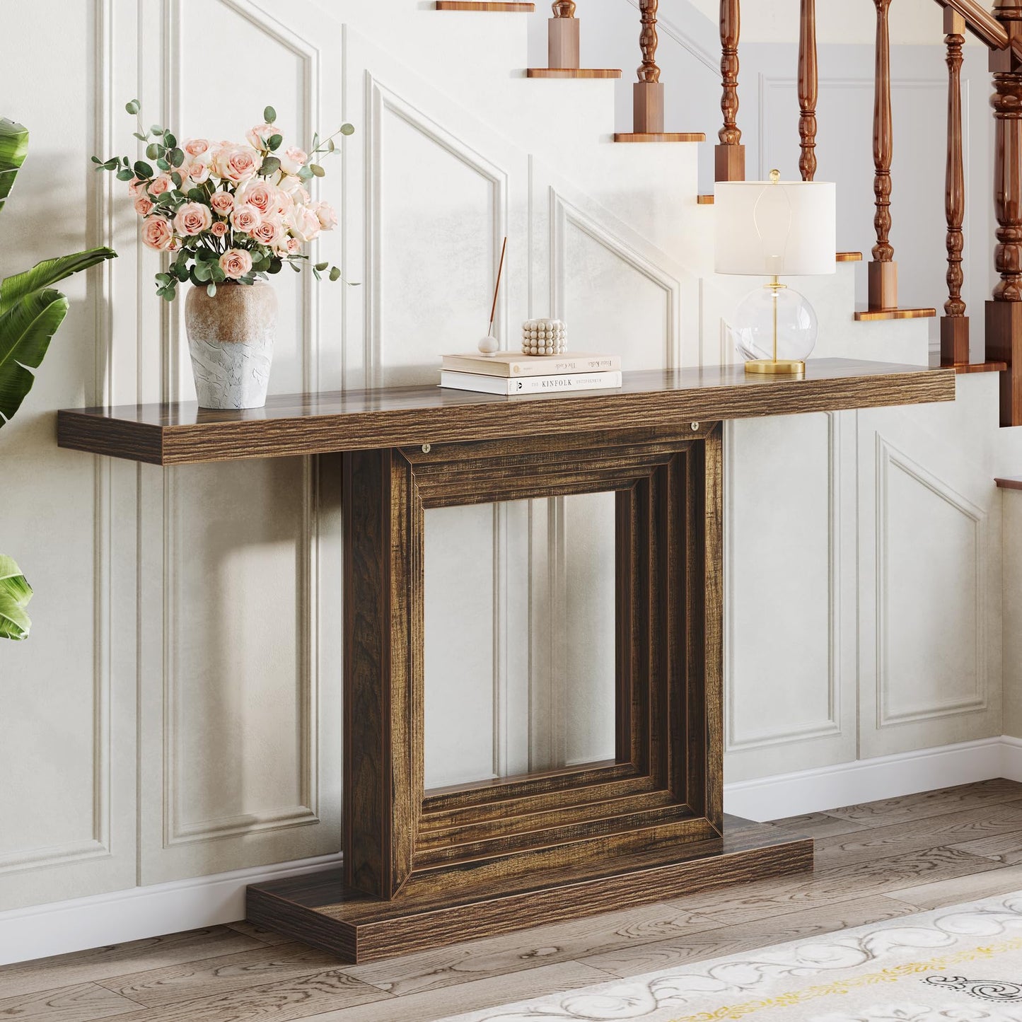 Tribesigns 55-Inch Console Table for Entryway, Farmhouse Hallway Foyer Table with Unique Square Cutout Base, Long Wood Console Table for Living Room, Entrance, Brown - WoodArtSupply