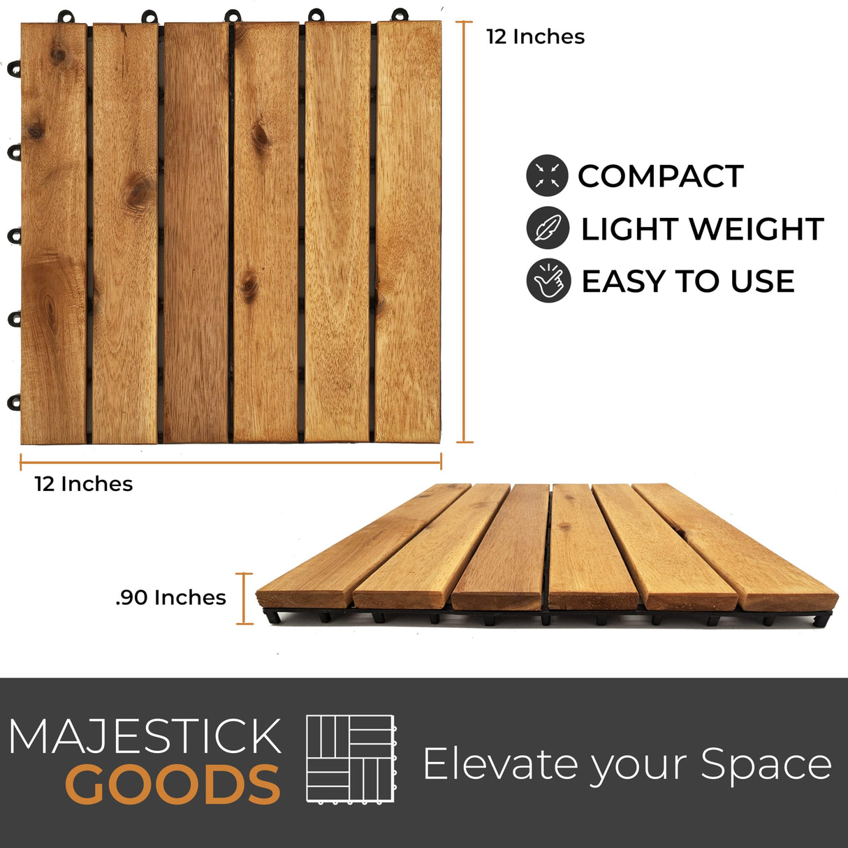 24 Sq Ft Interlocking Deck Tiles Snap Together Wood Flooring - 12 x 12 Acacia Hardwood Outdoor Flooring for Patio - Click Floor Decking Tile, Water Resistant Balcony Flooring, Wooden Parquet Flooring Majestick Goods