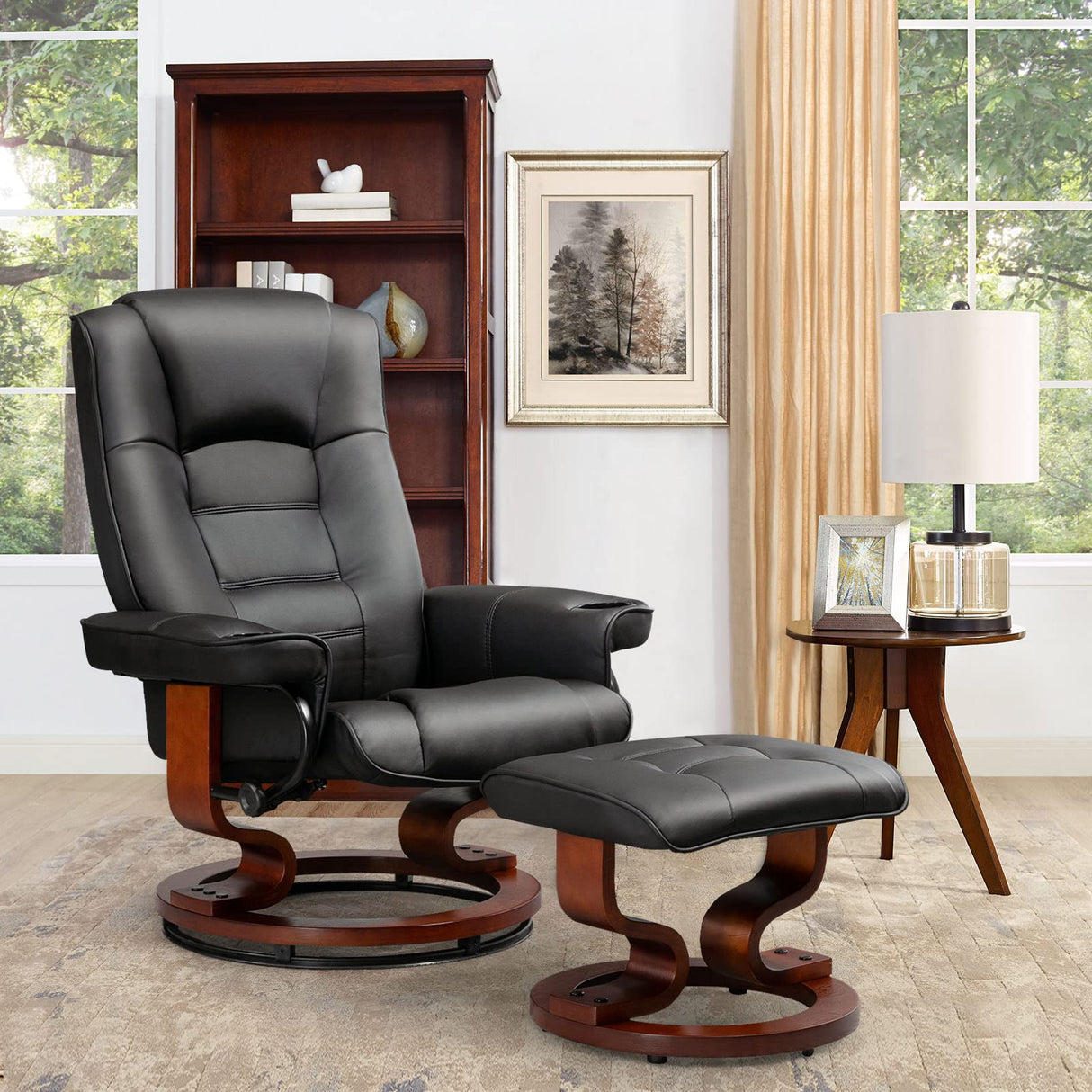 AVAWING Recliner with Ottoman, Wood Base & Adjustable Back, Faux Leather Swivel Reclining Chair with Footrest for Living Room and Bedroom, Black AVAWING