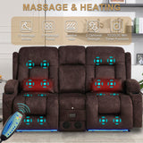 URRED Power Reclining Loveseat Sofa with Console, RV Couch Loveseat Recliner Sofa with Massage & Heat, LED Light, Cupholders, Bluetooth Speakers, USB Charge Ports, Outlets, Velvet, Brown URRED