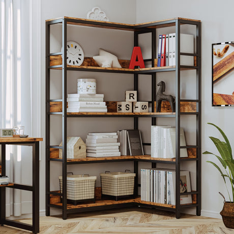 IRONCK Vintage Brown 5-Tier Industrial Corner Bookshelf with Baffles and Metal Frame for Home and Office Storage IRONCK