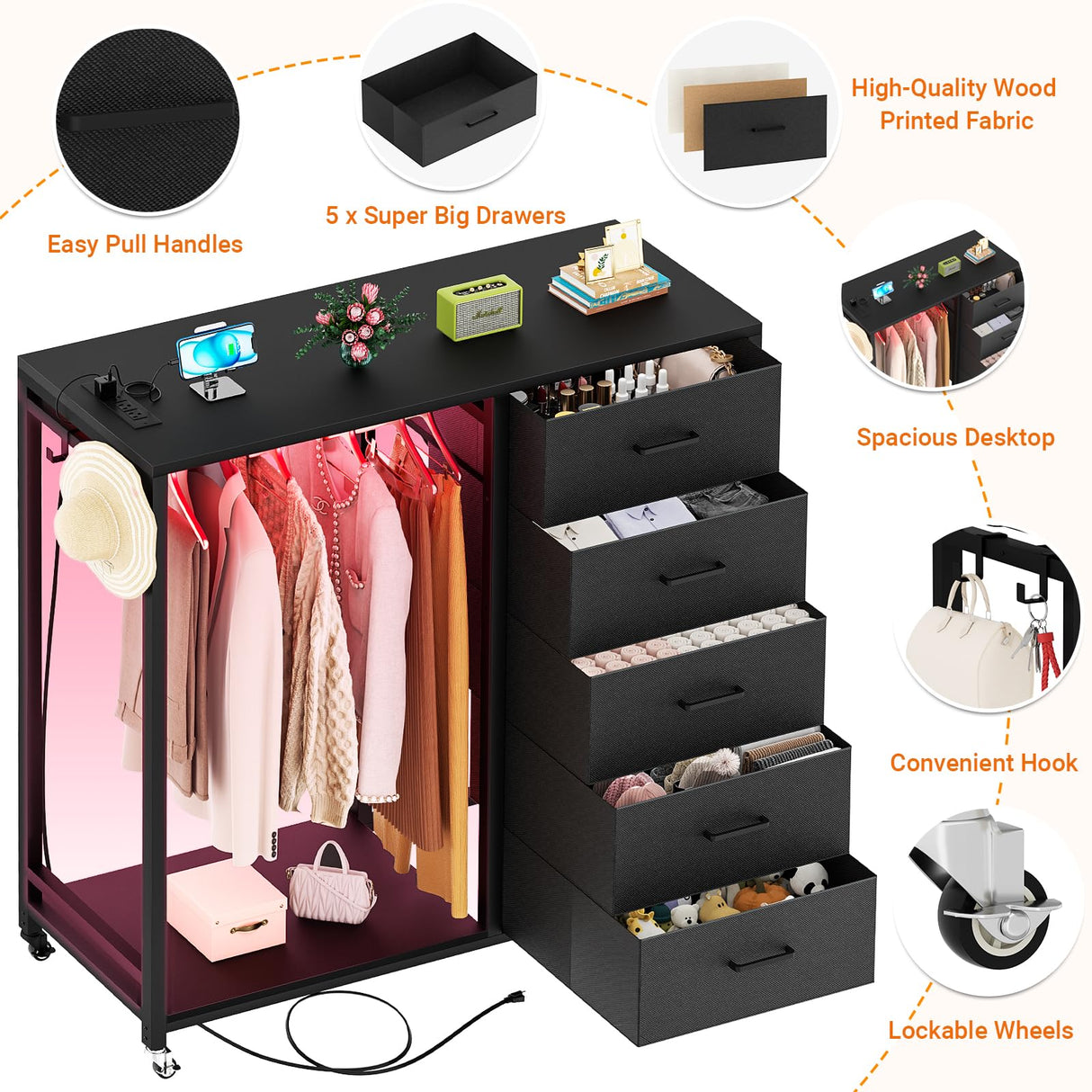 Cyclysio 5 Drawers Dresser with Charging Station & LED Lights, Dresser for Closet with 5 Fabric Drawers, Lockable Wheels, Bedroom, Entryway Cyclysio