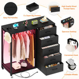 Cyclysio 5 Drawers Dresser with Charging Station & LED Lights, Dresser for Closet with 5 Fabric Drawers, Lockable Wheels, Bedroom, Entryway Cyclysio