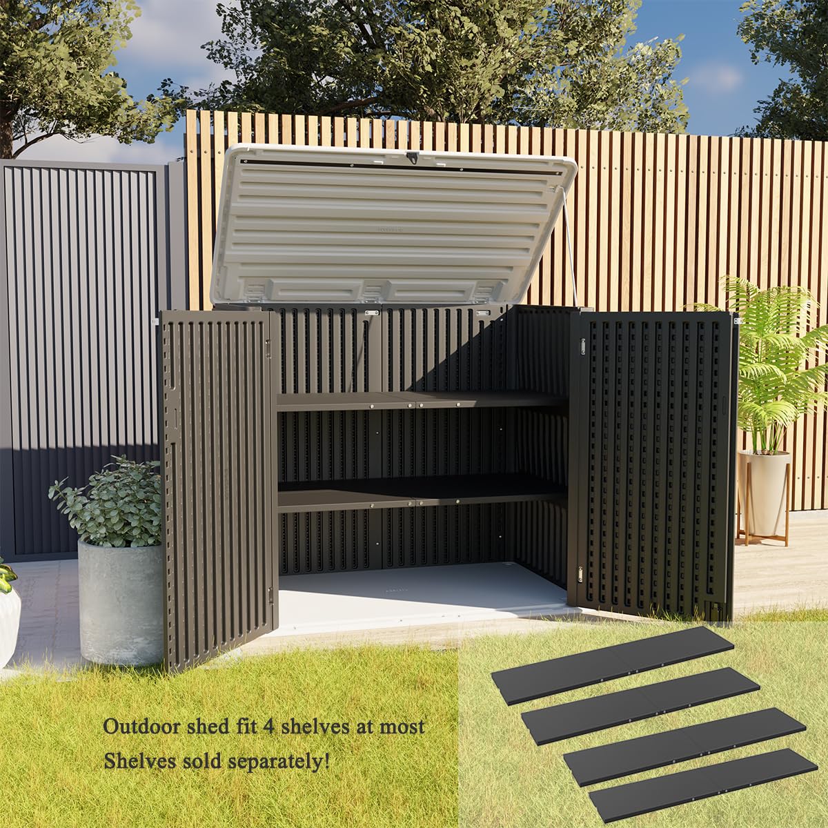 KINYING Larger Outdoor Storage Shed Weather Resistance, Resin Sheds & Outdoor Storage for Garden, Patios, Backyards, 48 Cu.Ft Tool Shed for Garbage Cans, Lawn Mower, Garden Tools,Black KINYING