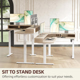 TIQLAB 63'' L-Shaped Standing Desk with LED Light Strip and Power Outlet, Height Adjustable Corner Table with Ergonomic Monitor Stand, Light Walnut TIQLAB