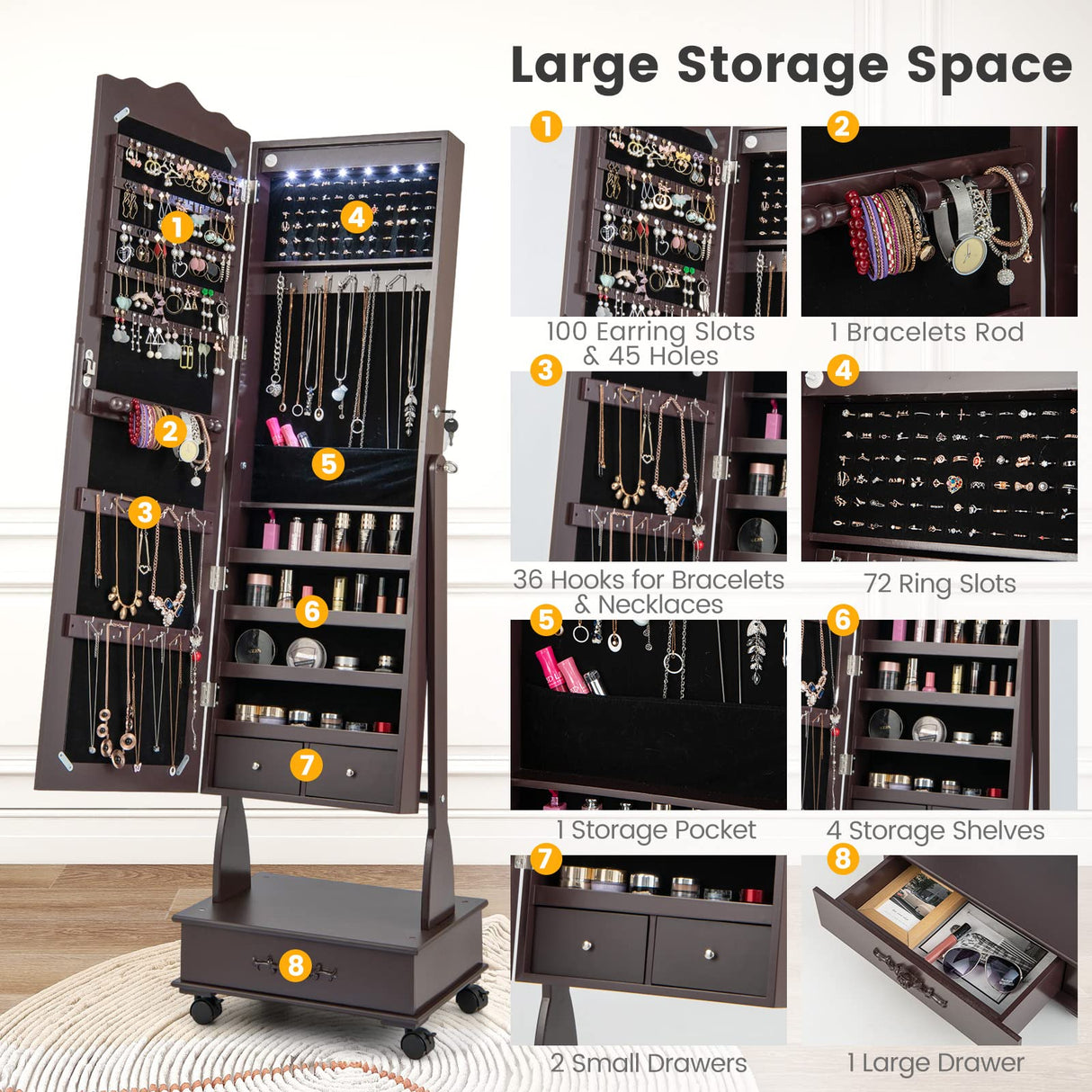 CHARMAID Rolling Jewelry Armoire with Full Length Mirror, Lockable Stand up Jewelry Cabinet with Lights and Wheels, Standing Jewelry Organizer with Drawers, Mirror with Jewelry Storage (Espresso) CHARMAID