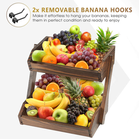 NAGAWOOD Large Capacity 2-Tier Wooden Fruit Basket, Durable Acacia Wood, 10.5" Tall, Spacious for Produce, Vegetables, Bread Storage and Home Kitchen Countertop NAGAWOOD