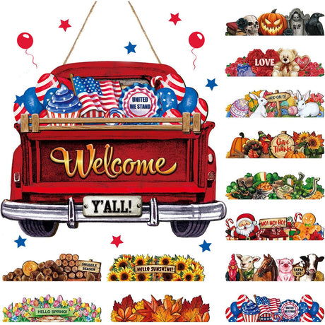 Ferraycle 13pcs Christmas Interchangeable Welcome Sign for Front Door Farmhouse Truck Decor Rustic Hanging Sign with 12 Interchangeable Seasonal Holiday Decor for Christmas Thanksgiving(Fresh Color) Ferraycle