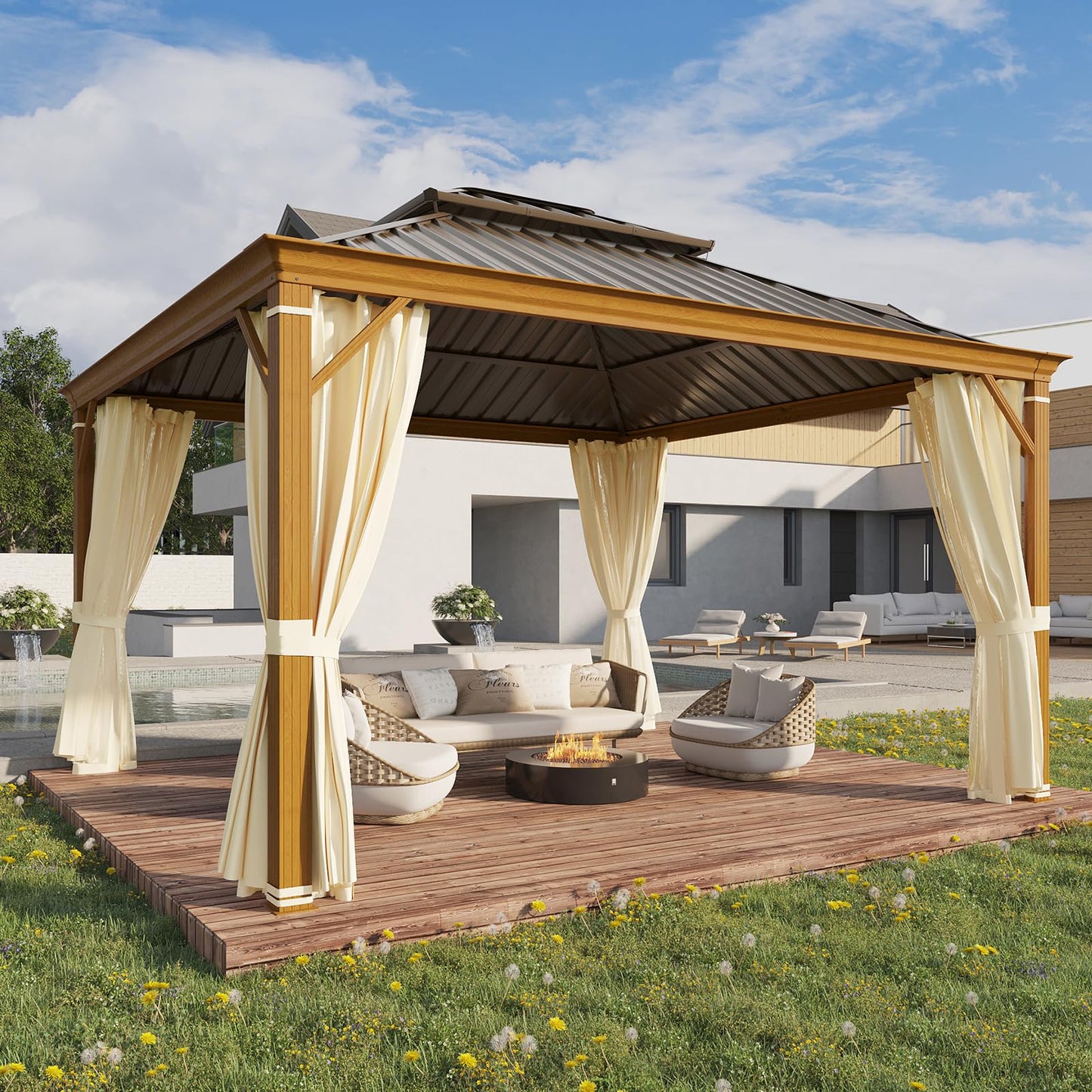 YOLENY 12' x 12' Hardtop Gazebo Faux Wood Grain Metal Gazebo with Aluminum Frame, Galvanized Steel Double Roof, Outdoor Patio Gazebo Pergolas with Netting and Curtains for Backyard, Patio, La - WoodArtSupply