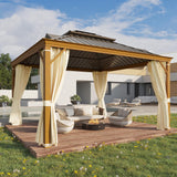 YOLENY 12' x 12' Hardtop Gazebo Faux Wood Grain Metal Gazebo with Aluminum Frame, Galvanized Steel Double Roof, Outdoor Patio Gazebo Pergolas with Netting and Curtains for Backyard, Patio, Lawns YOLENY