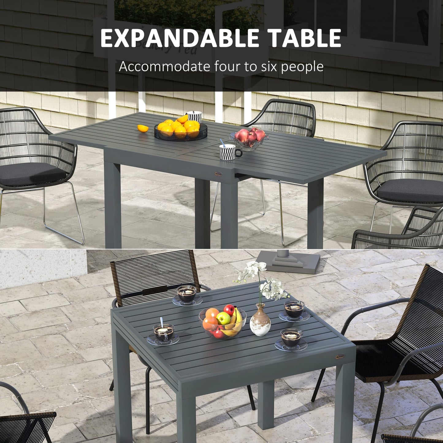 Outsunny Expandable Patio Dining Table for 4-6, 35.5" -70.75" Aluminum Extendable Outdoor Dining Table, Square/Rectangular Patio Table for Garden, Backyard, Poolside, Deck, Gray - WoodArtSupply