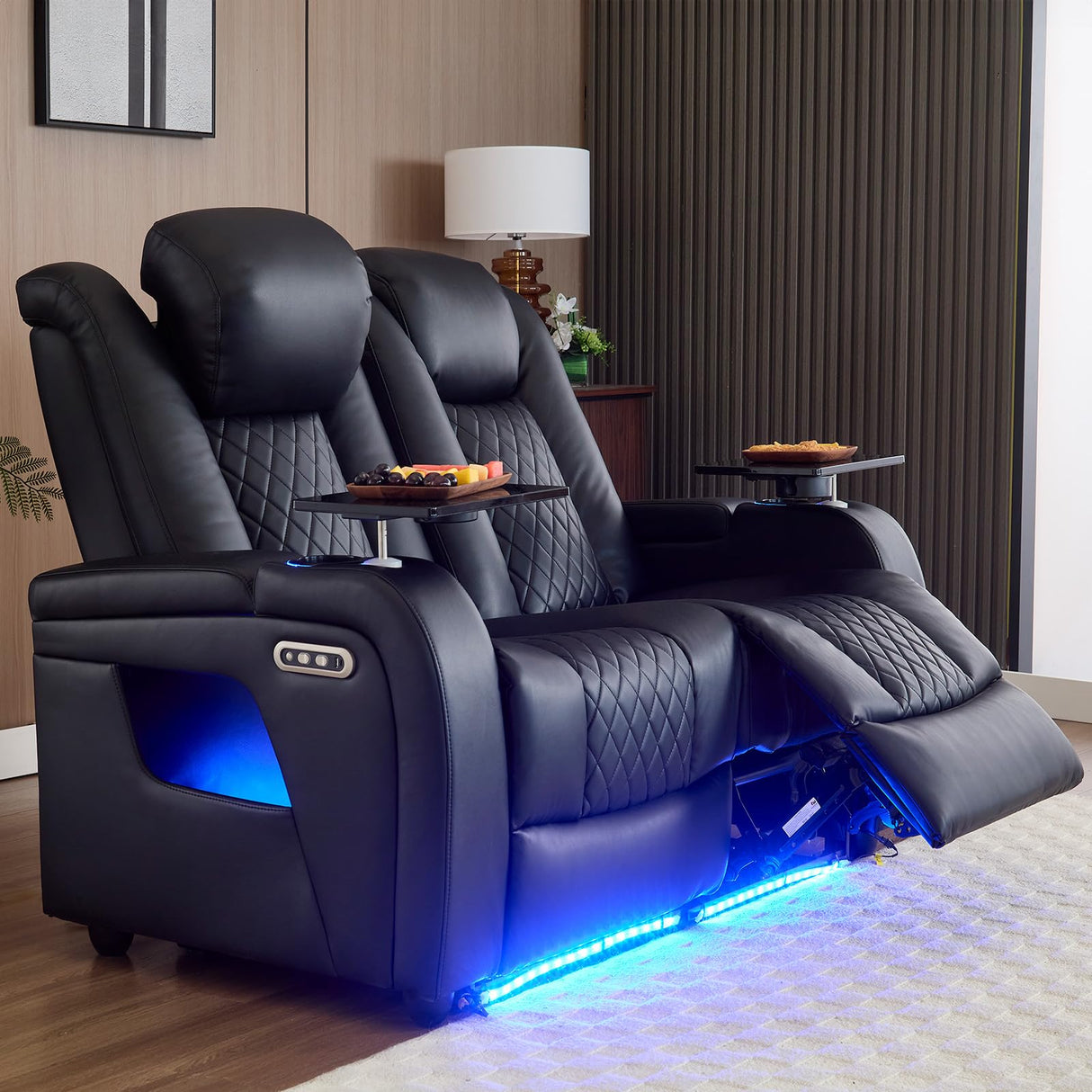 Home Theater Seating LoveSeat with Lighting Armrest, Game Movie Theater Chairs Theater Recliner Sofa with 7 Colors Ambient Lighting, Lumbar Pillow, Side Pocket, Tray Table, Power Recline, Black Airadlis