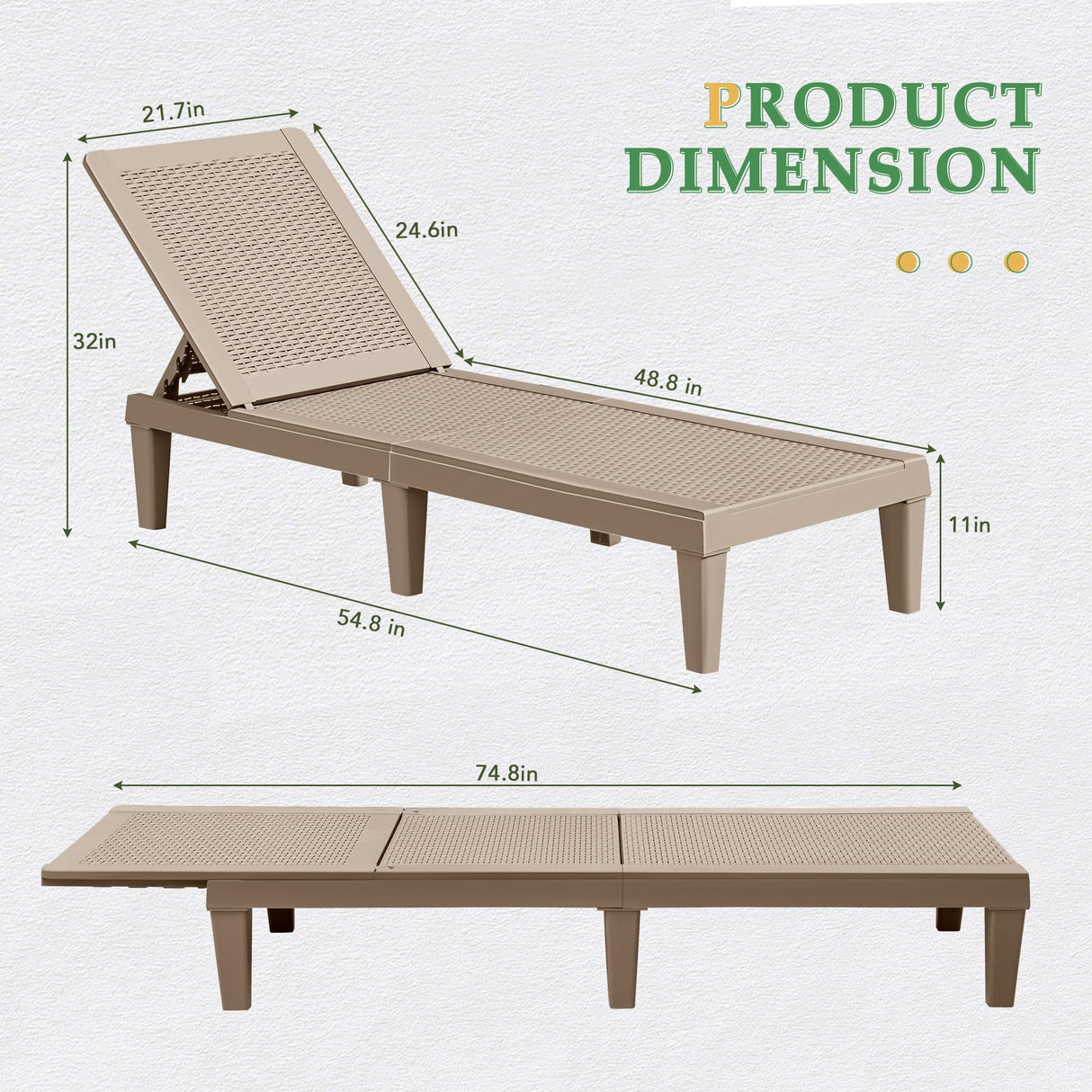 JUMMICO Patio Chaise Lounge Chair Set of 2 Outdoor PE Waterproof Adjustable Easy Assembly Lounge Chairs for Outside Pool Garden Deck Beach (Light Brown) JUMMICO