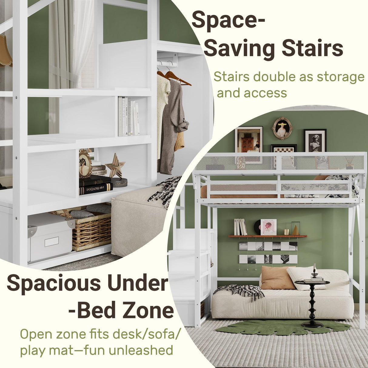 Mirightone Full Size Loft Bed with Stairs and Storage, Metal Loft Bed Frame with Bedside Shelf and Large Under-Bed Space, Heavy-Duty Loft Beds for Adults Teens and Kids, White Mirightone