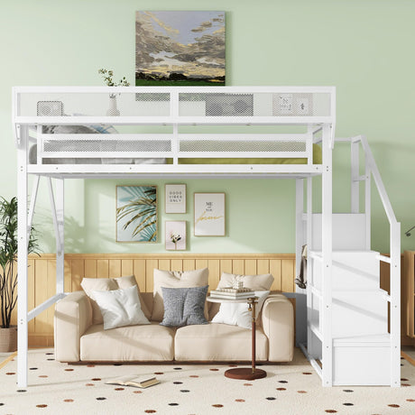 FEIOMKSS Queen Size Loft Bed with Stairs and Storage Metal Loft Bed Frame with Bedside Shelf and Large Under-Bed Space, Heavy-Duty Bed for Adults (White+Iron, Queen) FEIOMKSS