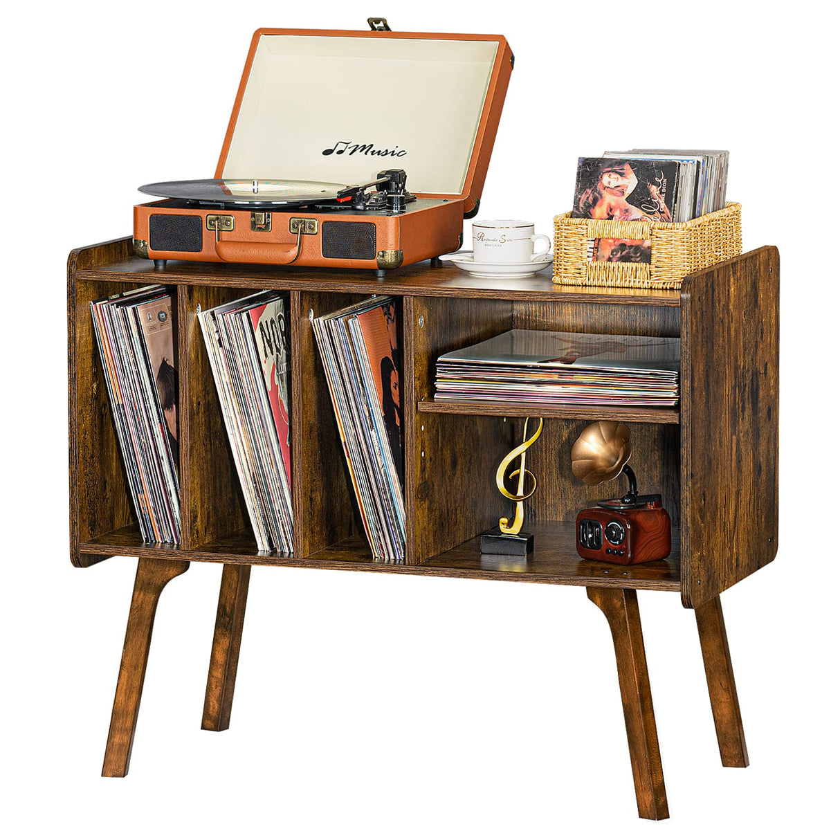 Lerliuo Record Player Stand with 4 Cabinet Holds Up to 220 Albums, Large Turntable Stand with Beech Wood Legs, Mid-Century Record Player Table,Brown Vinyl Holder Storage Shelf for Bedroom Living Room Lerliuo