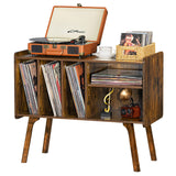 Lerliuo Record Player Stand with 4 Cabinet Holds Up to 220 Albums, Large Turntable Stand with Beech Wood Legs, Mid-Century Record Player Table,Brown Vinyl Holder Storage Shelf for Bedroom Living Room Lerliuo