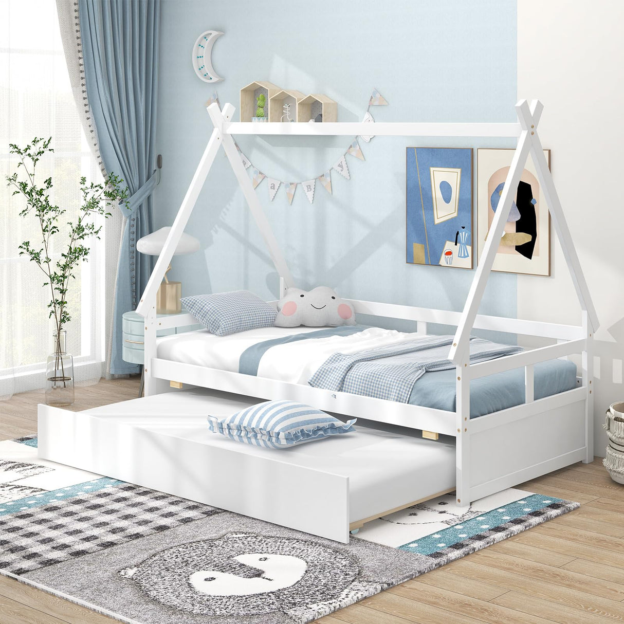 Giantex House Bed with Trundle Twin, Wood Montessori Bed Frame with Safety Guardrail, Low Kids Teepee Bed for Boys Girls Teens, No Box Spring Needed, White Giantex