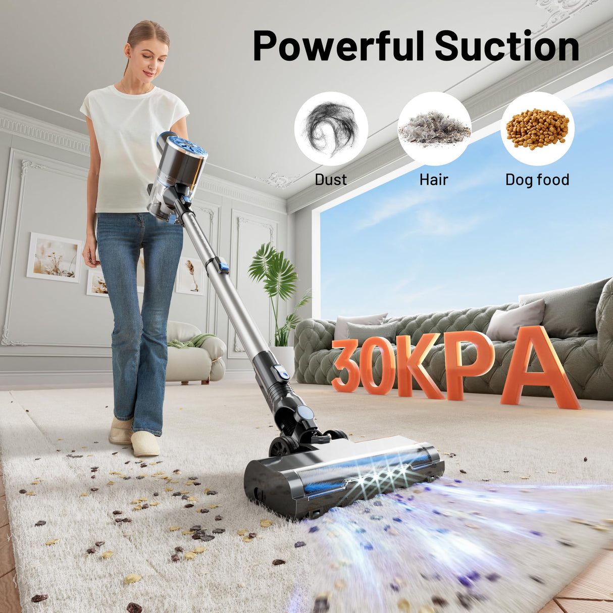 Cordless Vacuum Cleaner with Self-Standing, LED Screen Stick Vacuum Cleaners for Home, Lightweight Powerful Suction Vacuum, 6-in-1 Rechargeable Vacuum for Carpets, Pet Hair, Hardwood Floors VIPSUN