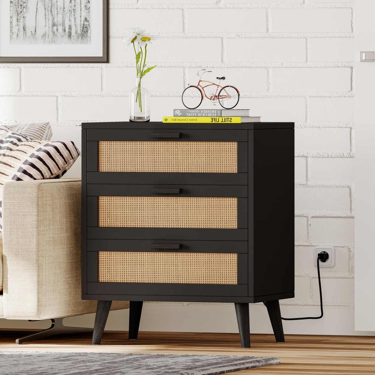 Irontar Rattan Nightstand with Charging Station, Night Stand with 3 Large Rattan Drawers, Accent End Table, Bedside Table with Solid Wooden Legs for Bedroom, Black and Natural BZZ006BME Irontar