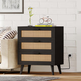 Irontar Rattan Nightstand with Charging Station, Night Stand with 3 Large Rattan Drawers, Accent End Table, Bedside Table with Solid Wooden Legs for Bedroom, Black and Natural BZZ006BME Irontar