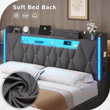 BYSAUD King Size Bed Frame with LED Lights & Charging Station, LED King Bed with Hidden Space and 2-Tier Shelves, Upholstered Metal Bed Frame with Headboard, No Box Spring Needed, Dark Gray, Linen BYSAUD