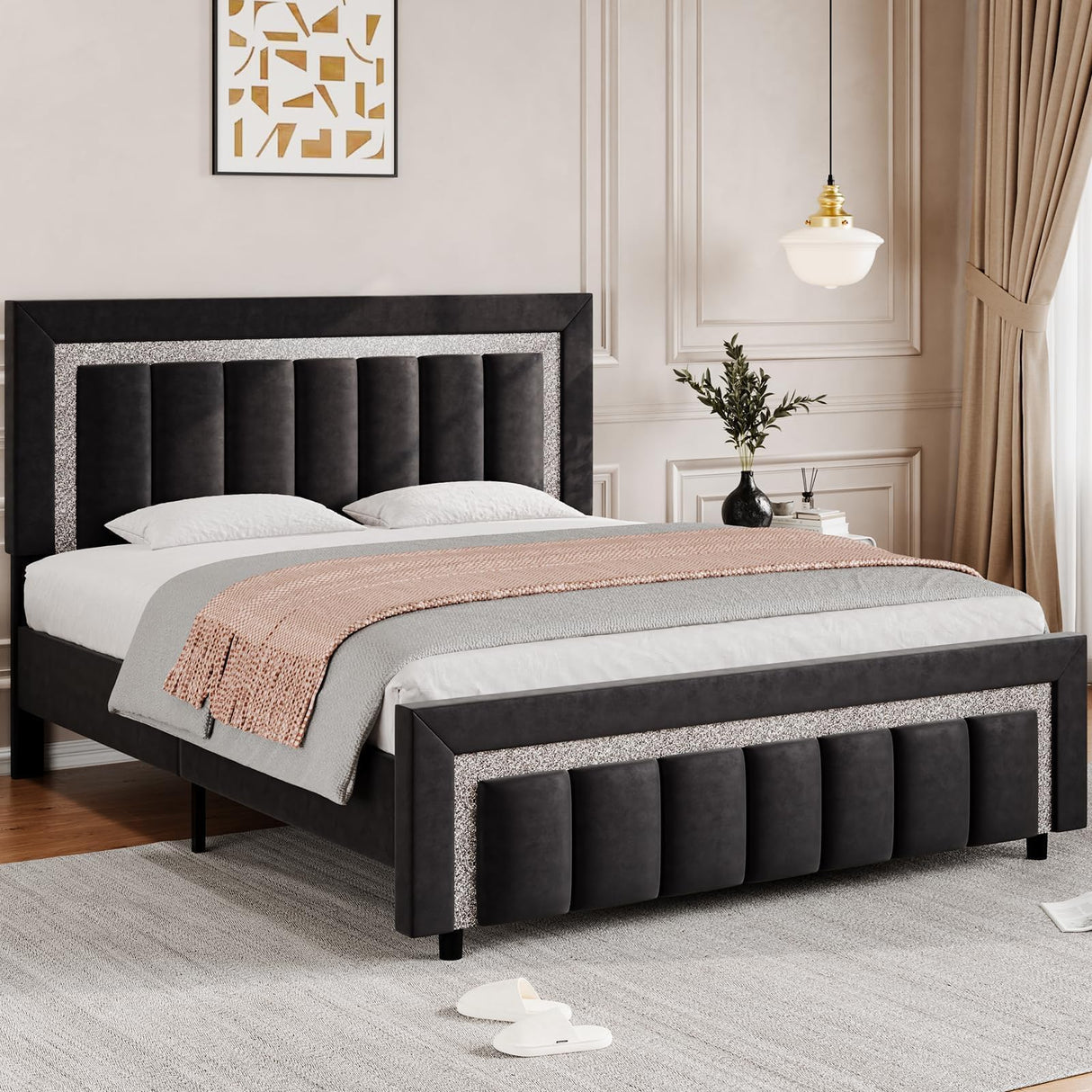 HOMBCK Queen Bed Frame, Upholstered Bed Frame with Diamond Headboard and Footboard, Black Queen Bed Frame with Velvet Vertical Channel Tufted Headboard, No Box Spring Needed, Easy Assembly, Black HOMBCK