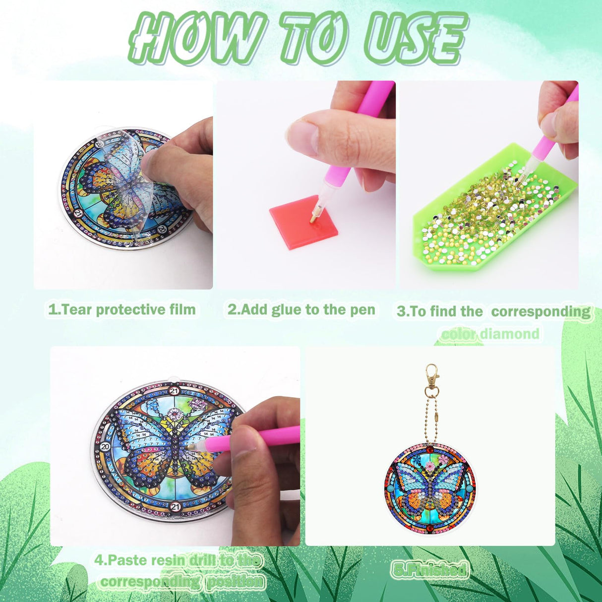 KJMYYXGS Butterfly Diamond Painting Keychain Kit, 6Pcs Double Sided Mini Art Key Chains KJMYYXGS