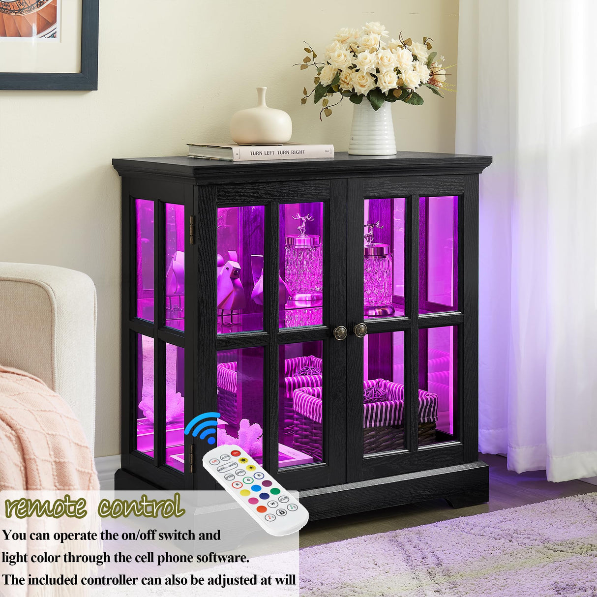 TRJQBCC 30" Glass Curio Display Storage Cabinet with LED Light, Modern 2 Lattice Doors Tableware Display Sideboard w/Adjustable Shelves, Retro Design Quality Showcase Bookcase for Home (Black) TRJQBCC